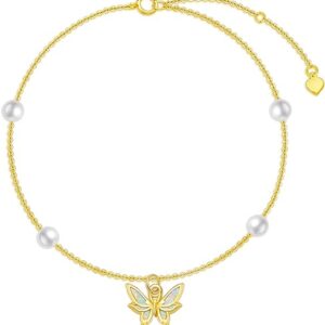 14K Real Gold Butterfly Anklets for Women, Yellow Gold Butterfly Ankle Bracelets with Pearl White Opal Anniversary Christmas Valentine's Day Jewelry Gifts for Wife Her Mom...