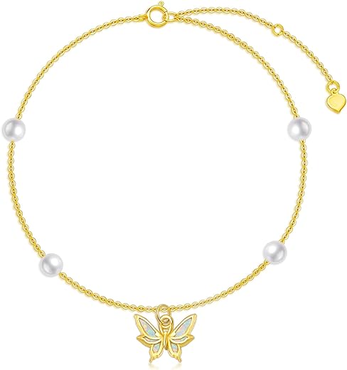 14K Real Gold Butterfly Anklets for Women, Yellow Gold Butterfly Ankle Bracelets with Pearl White Opal Anniversary Christmas Valentine's Day Jewelry Gifts for Wife Her Mom...