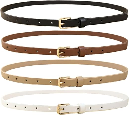 4 Pack Women Skinny Belts for Jeans Dress Thin Waist Belt for Ladies with Gold Buckle 0.5" Width