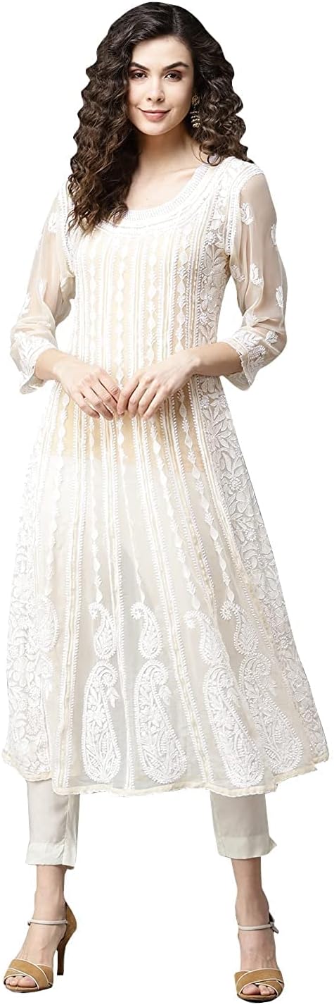 Ada Hand Embroidered Indian Chikankari Traditional Georgette Anarkali Kurta Kurti for Women A411207