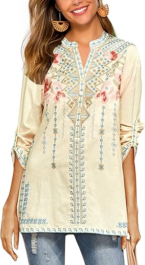 AK Women's Embroidered Tops Mexican Shirt V Neck Summer Casual Tops Peasant Tunic Loose Blouse