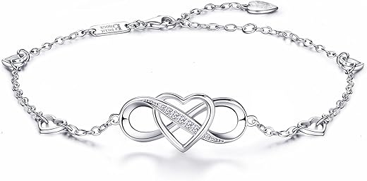 Ankle Bracelets for Women 925 Sterling Silver Anklet for Women Infinity Heart Ankle Bracelet White Gold Plated Love Charm Adjustable Large Bracelet Mother's Day Gift for Women...