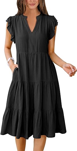 ANRABESS Womens Summer Ruffle Sleeve V Neck Midi Dress 2024 Fashion Casual Fit Flowy Tiered Boho Beach Vacation Sundress