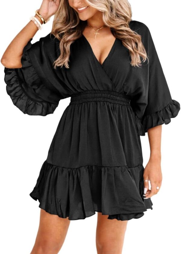 Aoysky Womens V Neck Casual Dresses Summer Loose High Waist Ruffle Pleated Cute Mini Short Dress