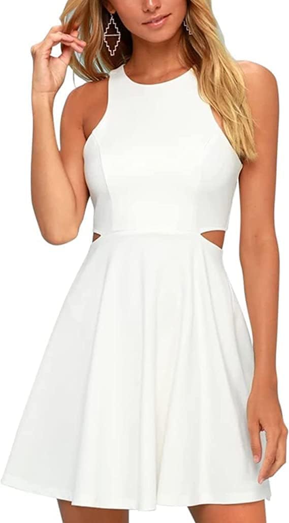 BELONGSCI Women 2024 Sweet and Cute Sleeveless Racerback Flared Swing A-Line Waist Hollow Out Summer Short Dress