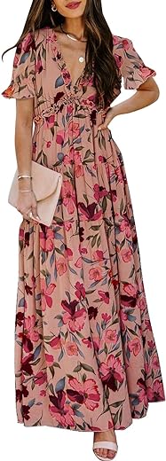 BLENCOT Womens Casual Short Sleeve Boho Floral Printed V Neck Long Dress Ruched Cocktail Party Maxi Wedding Dresses