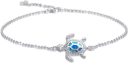 Blue Opal Sea Turtle Ankle Bracelet Sterling Silver Anklet Fine Jewelry For Women Gifts New Version 4 Level Adjustable Anklet (Large Bracelet)