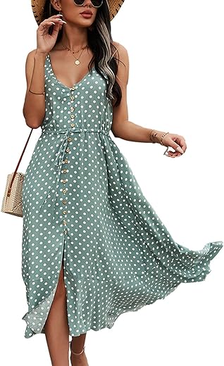 BROVAVE Women's 2024 Summer Casual Boho Sundress Polka Dot Spaghetti Strap V Neck Flowy Midi Dresses