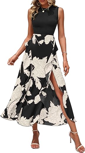 BTFBM Women Casual Sleeveless Summer Dresses 2024 Spring Crewneck Patchwork Boho Floral Ruffle Cocktail Party Midi Dress