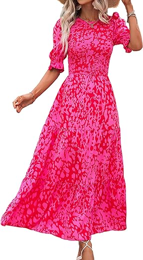 BTFBM Women Casual Summer Dresses 2024 Spring Crew Neck Ruffle Short Sleeve Floral Print Smocked Boho Flowy Maxi Dress