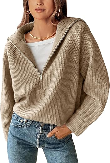 BTFBM Women’s Casual Long Sleeve Half Zip Pullover Sweaters Solid V Neck Collar Ribbed Knitted Loose Slouchy Jumper Tops