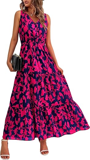 BTFBM Women Summer Dresses Casual Sleeveless Maxi Dresses Cute Floral Long Dress Wedding Guest Dress