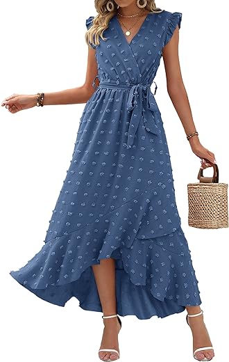 BTFBM Women's 2024 Summer Wrap V Neck Dress Ruffle Sleeve Swiss Dot Boho Ruffle Slit Beach Party Flowy Long Maxi Dresses