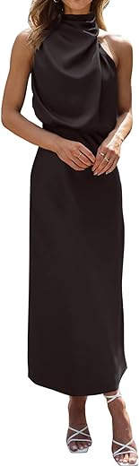 BTFBM Women's Sleeveless Cocktail Dresses Mock Neck Keyhole Elastic High Waist Wedding Guest Evening Party Maxi Dress