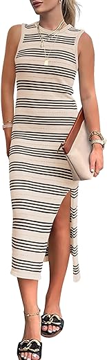 BTFBM Women's Sleeveless Summer Dresses 2024 Crew Neck Casual Sundress Hollow Out Side Slit Bodycon Knit Long Tank Dress