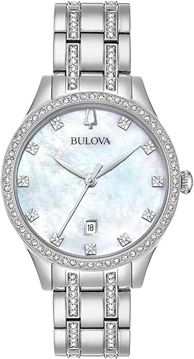 Bulova Ladies' Classic Crystal Stainless Steel 3-Hand Quartz Watch, White Mother-of-Pearl Dial Style: 96M144