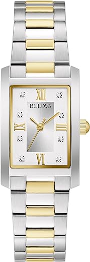 Bulova Ladies' Classic Diamond Two-Tone Stainless Steel 3-Hand Quartz Watch, Rectangle Silver Dial Style: 98P205