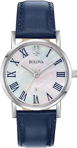 Bulova Ladies Classic Stainless Steel 3-Hand Date Quartz Slim Watch with Blue Leather Strap, Silver-Tone, 32mm Style: 96M146