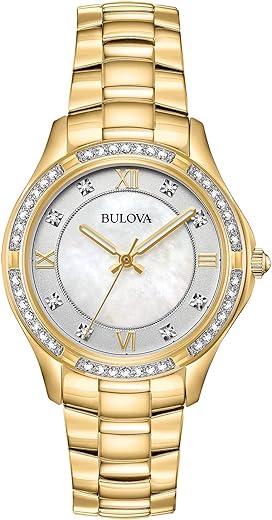 Bulova Ladies' Crystal Stainless Steel 3-Hand Quartz Watch, White Mother-of-Pearl Dial