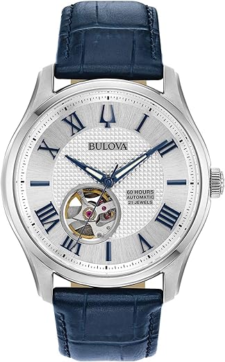 Bulova Men's Classic Wilton 26-Jewel Automatic Leather Strap Watch, 40 Hour Power Reserve, Domed Sapphire Crystal, Exhibition Case Back, Luminous Hands, 43mm