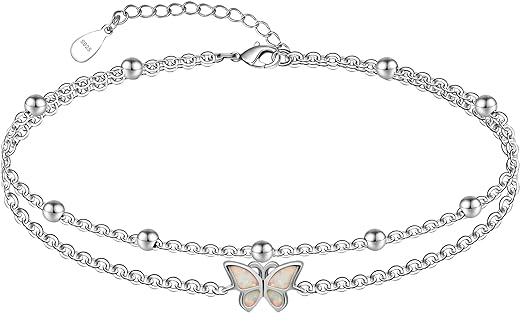 CHIC & ARTSY Womens Anklet 925 Sterling Silver Created Opal Layered Anklet Bracelet Dainty Beaded Chain Anklet Adjustable 11" Best Friend Anklet for Women