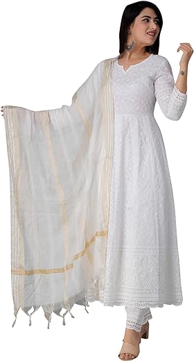 Chikankari Cotton Indian Kurti for Women Summer Dress Kurta Pant with Dupatta Set Pakistani Long Kurta