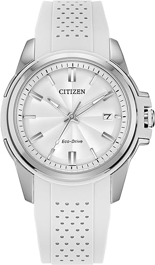 Citizen Ladies' Eco-Drive Classic Silver Stainless Steel 3 Hand Watch with White Rubber Strap,White Dial (Model:FE6131-04A)