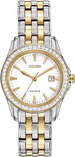 Citizen Women's Eco-Drive Dress Classic Crystal Watch in Two-tone Stainless Steel, Silver Dial, 28mm (Model: EW1908-59A)