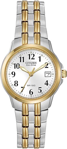 Citizen Women's Eco-Drive Dress Classic Two Tone Gold Stainless Steel Watch, Easy to Read, White Dial, 26mm (Model: EW1544-53A)