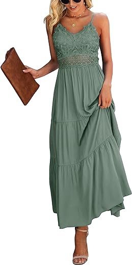 Dokuritu Women's Beach Crochet Lace Maxi Dress Solid Color Summer Vacation Spaghetti Strap Long Dress 2024