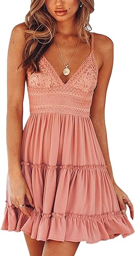 ECOWISH Dresses for Women 2024 Summer V-Neck Spaghetti Strap Bowknot Backless Sleeveless Lace Mini Swing Skater Dress