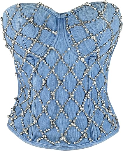 ELLACCI Women's Denim Rhinestone Corset Top Sexy Club Party Jean Bodysuit