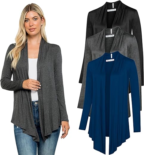 Free to Live 3 Pack Long Sleeve Cardigan for Women Open Front Dressy Casual Fall Draped Lightweight Sweaters Cover Up Shrugs