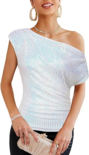 GRACE KARIN One Shoulder Sequin Sparkly Tops for Women Ruched Asymmetrical Glitter Tops Slimming Sparkle Party Shirts