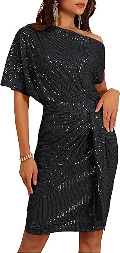 GRACE KARIN Women's Sequin Sparkly Glitter Party Club Dress One Shoulder Ruched Cocktail Bodycon Dress