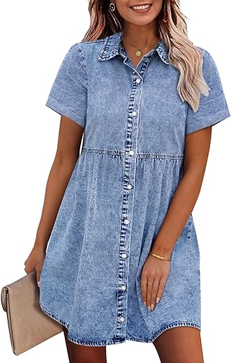 GRAPENT Denim Dress for Women Babydoll Tiered Short Sleeve Button Down Jean Shirt Dresses