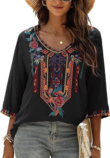 Grosy Bohemian Embroidered Tops for Women, Hippie Clothes, Mexican Peasant Blouses, Traditional Boho Clothing Tunic Shirts