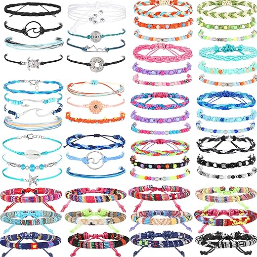 Henoyso 57 Pieces Surfer Strand Wave Bracelet Braided Stretch Friendship Woven Rope Bracelets Adjustable Waterproof Handmade Wax Wrap Bracelet Anklet for Girls Women