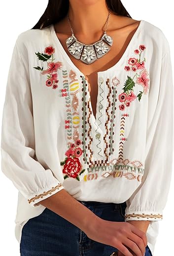 Higustar Mexican Embroidered Shirts for Women Boho Tops and Blouses 3/4 Sleeve Bohemian Peasant Summer Fall Tunic Top