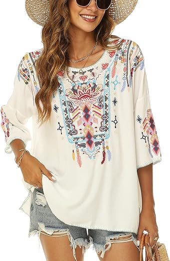 Higustar Mexican Embroidered Tops for Women Bohemian 3/4 Sleeve Shirt Boho Floral Peasant Tunic Blouse