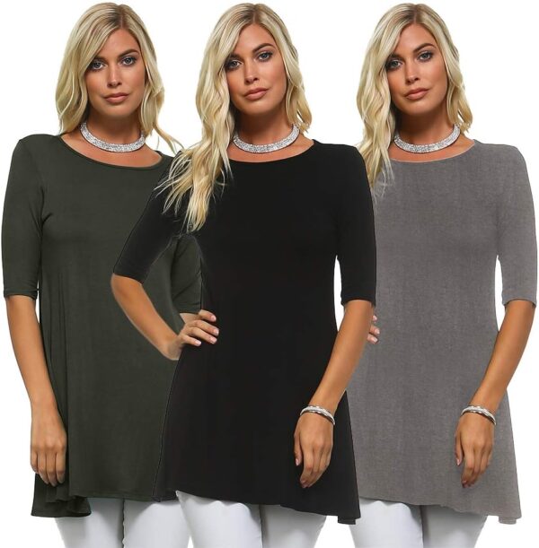 Isaac Liev Women's Tunic Top – 3 Pack Casual 3/4 Sleeve Scoop Neck Long Flowy Swing Basic Blouses T Shirts Made in USA