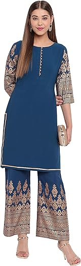 Janasya Indian Women's Blue Foil Printed Poly Crepe Kurti With Palazzo