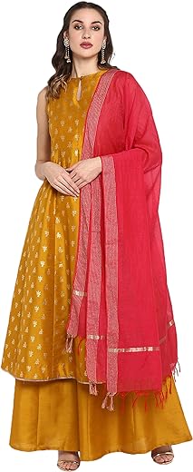 Janasya Indian Women's Mustard Foil Printed Kurta With Palazzo And Dupatta