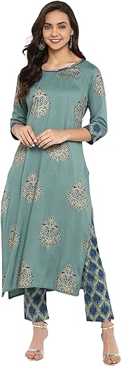 Janasya Indian Women's Sea Green Printed Kurta with Pant