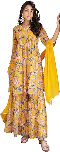 Janasya Indian Women's Yellow Georgette Digital Floral Printed Kurta with Sharara and Dupatta