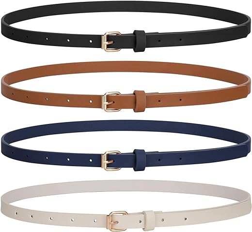 JASGOOD 4 Pack Skinny Women Leather Belt for Dresses Thin Waist Belt for Jeans Pants with Gold Buckle