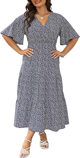 Keluummi Plus Size Wedding Guest Dress for Curvy Women, Summer Casual Boho Maxi Dress, 3/4 Sleeve, Empire Waist with Pocket