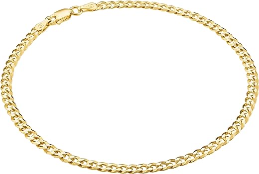 KISPER 18K Gold Over 925 Sterling Silver Italian 3.5mm Solid Diamond-Cut Cuban Link Curb Chain Anklet Ankle Bracelet for Women - Made in Italy