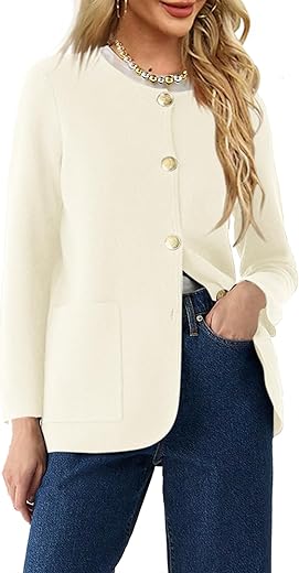 Langwyqu Womens Crew Neck Button Down Cardigan Sweaters Casual Long Sleeve Knit Solid Sweater Blazer with Pockets