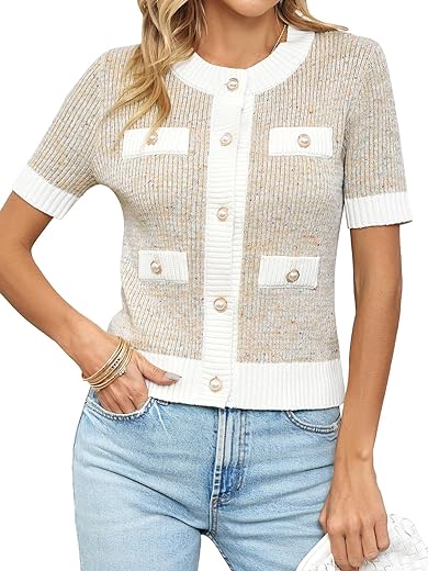 Langwyqu Womens Short Sleeve Button Down Cardigans Sweater Cropped Lightweight Crew Neck Elegant Tops with Pockets